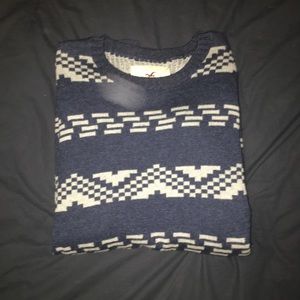 Hollister Blue and White Knit Crewneck Sweater